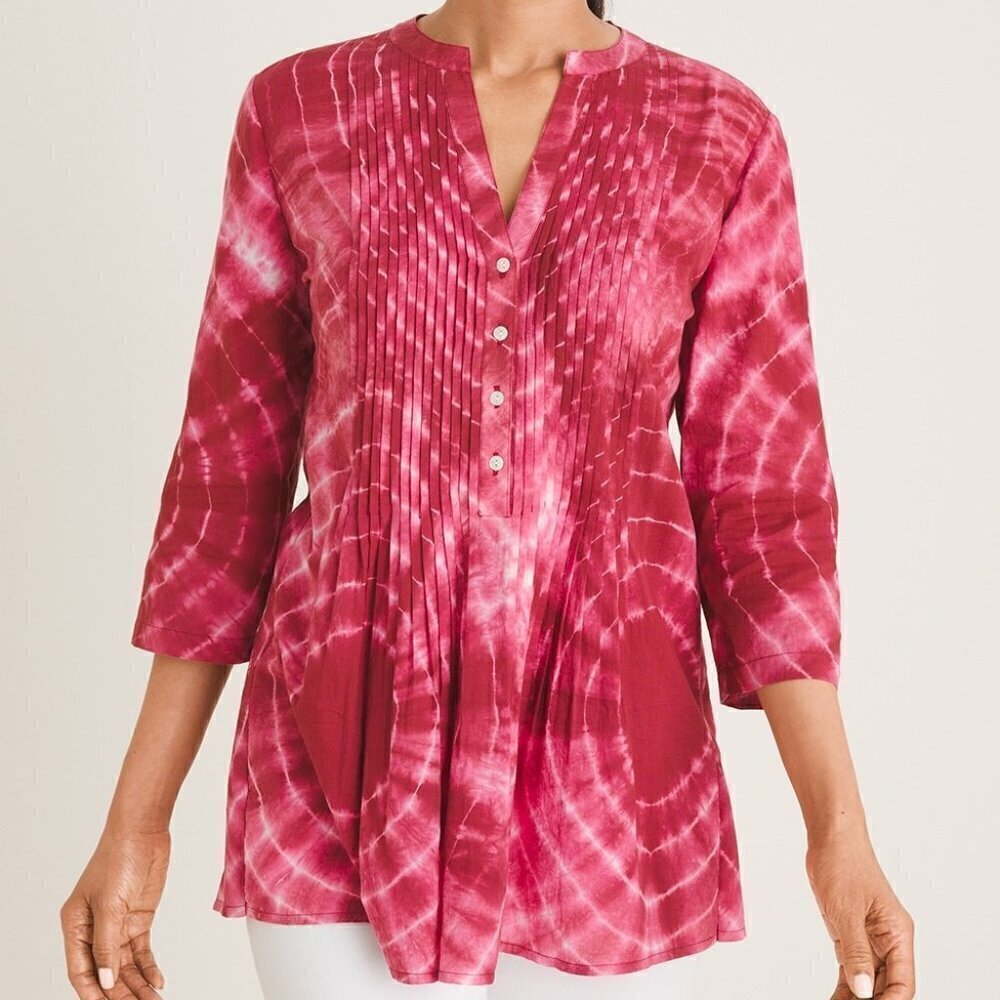 Chico's Tie-Dye Pintuck Peasant Blouse Pleated Button Front 3/4 Sleeve Top‎